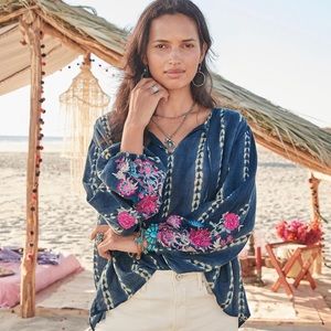 Sundance Joy in Beauty Tunic - Blue and White Dyed Cotton w Pink Floral Appliqué